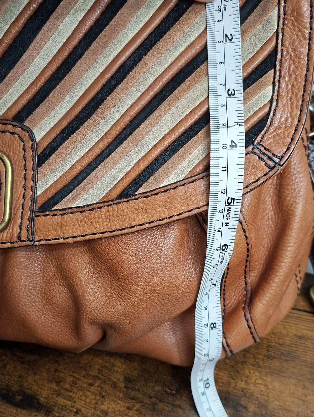 Fossil Brown Leather Shoulder Bag with Striped Flap - Picture 9 of 11